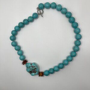 Turquoise Beaded Necklace Amber Accents & Toggle Clasp